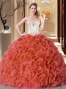 Classical Rust Red Sleeveless Fabric With Rolling Flowers Lace Up Quinceanera Gowns for Military Ball and Sweet 16 and Quinceanera