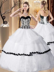 White Ball Gowns Organza Sweetheart Sleeveless Embroidery and Ruffled Layers Floor Length Lace Up 15 Quinceanera Dress